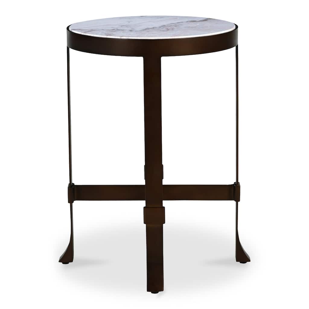 NADAAL STUDIOS Caelin Side Table, White Marble Top with Iron Base and Metal-Rim Edge, White