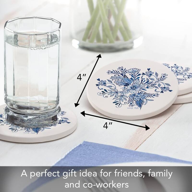 Blue & White Floral Round Absorbent Stone Coaster 4 Pack with Protective Cork Backing. Manufactured in The USA