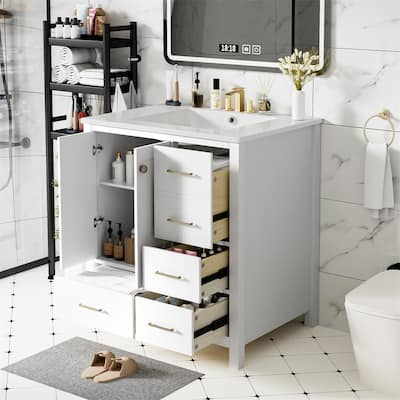 30'' Bathroom Wood Storage Vanity Cabinet with Ceramic Sink, 4 Drawers