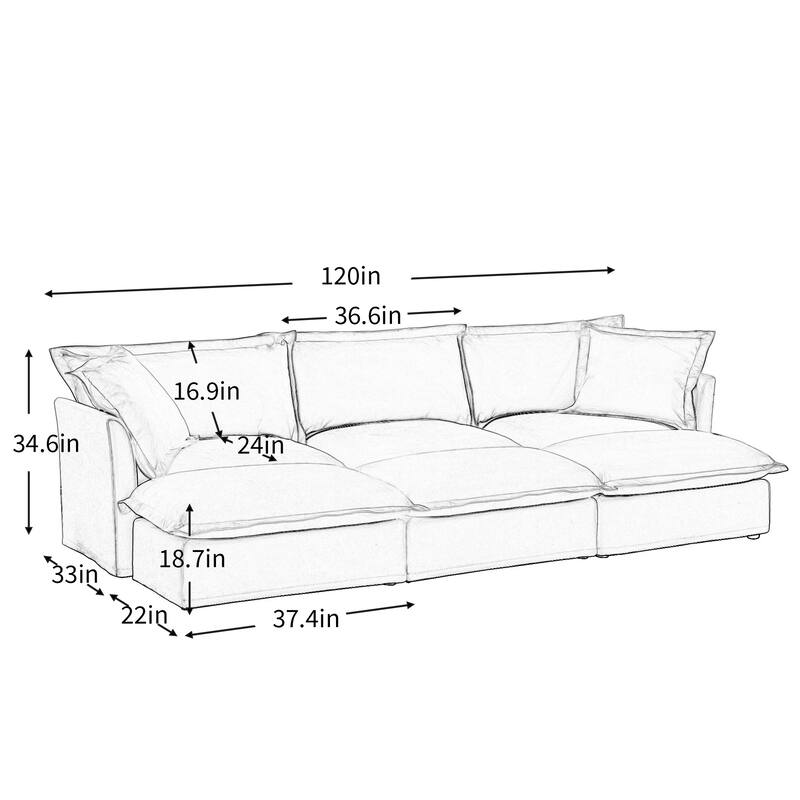 120" Chenille 3-Seater Sofa Set with 3 Ottomans, Sleeper Function & Removable Slipcovers