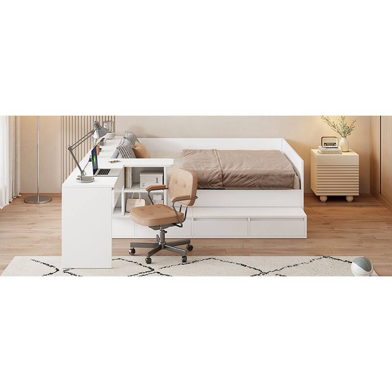 Roomfitters Full Platform Bed Frame with Integrated Vanity Desk, Underbed Storage Bins and Workstation, White
