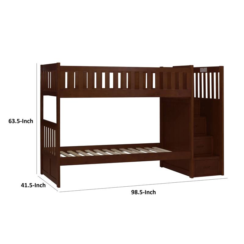 Catherine Twin over Twin Bunk Bed, Storage Step, Solid Wood, Dark Brown