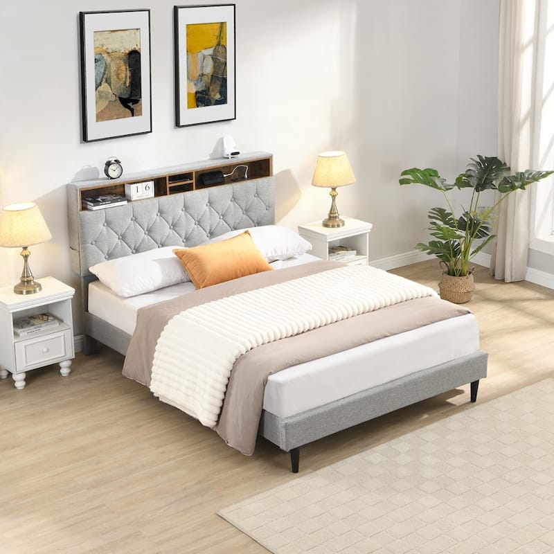 Upholstered Platform Bed Frame with Linen Fabric Headboard - LIGHT GREY - Queen