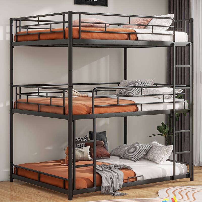 Metal Triple Bunk Bed with Built-in Ladders, Convertible into Platform Bedframe for 3 Kids Teens Adults, No Box Spring Required