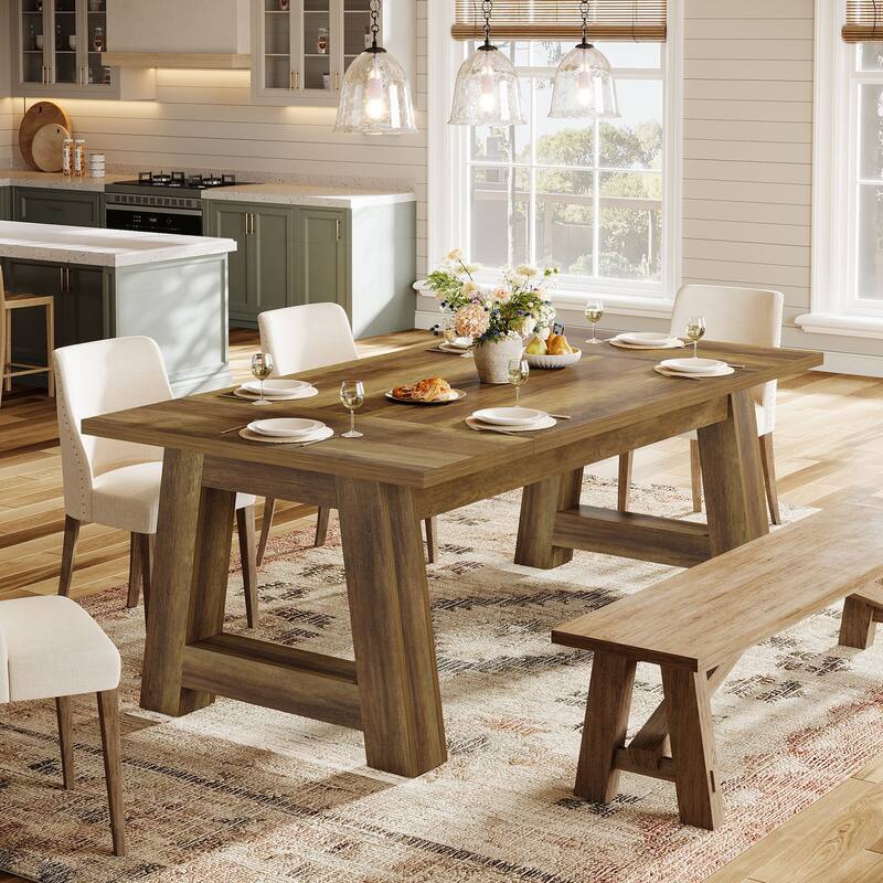 Long Dining Table Wooden Kitchen Table with Sturdy Legs for 6-8 - Brown