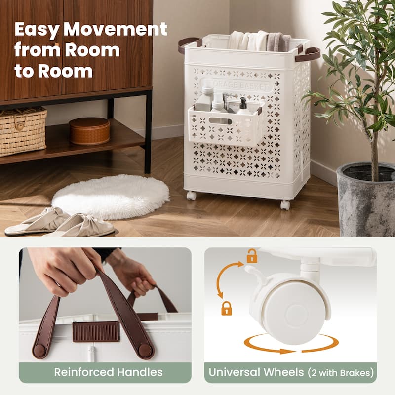 White 20 Gallon Large Capacity Foldable Laundry Clothes Basket with Wheels and Small Hanging Bin - 17" x 13.5" x 24"