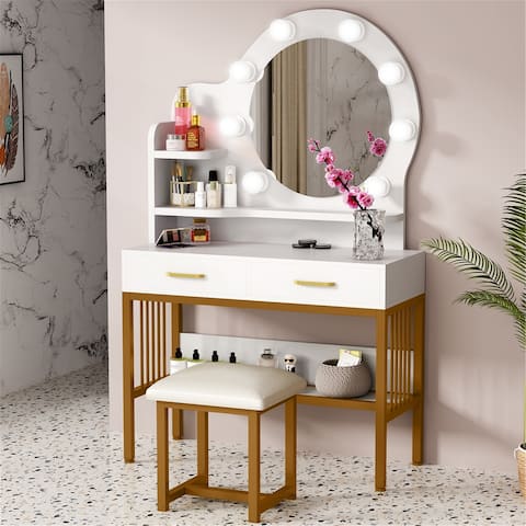 Vanity Set with LED Lighted Mirror and Cushioned Stool, Drawer