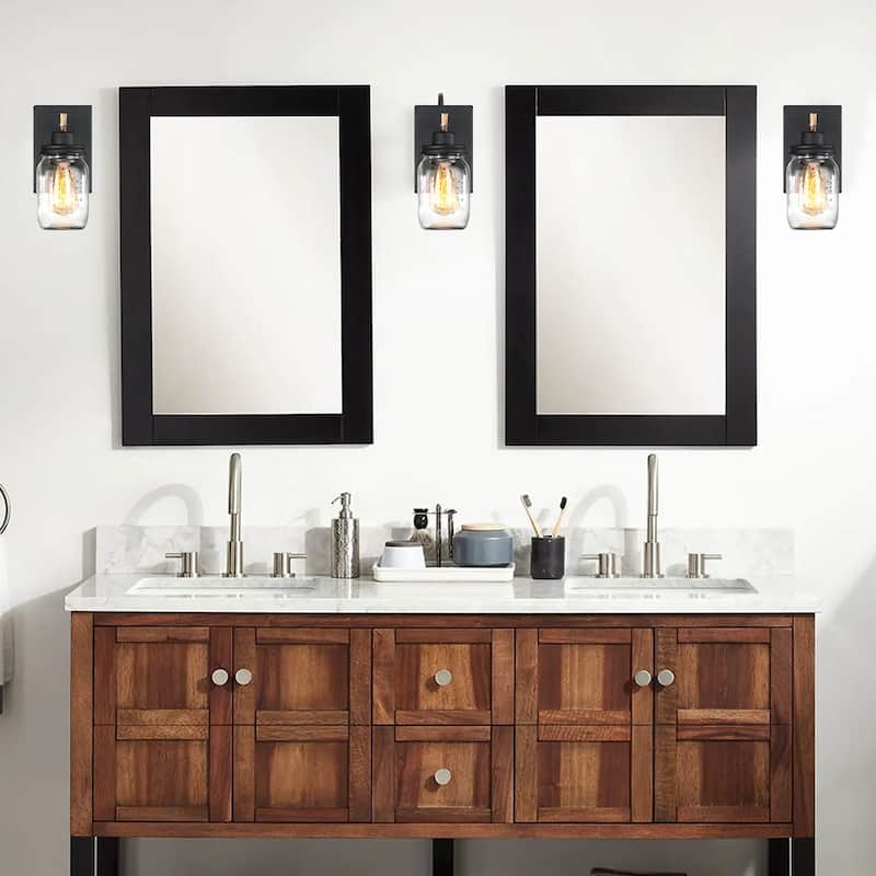 1-Light Black/Wood Tone Rustic Farmhouse Wall Sconce with Clear Mason Jar Glass Shade - 10"H x 4.7"W x 5.4"D
