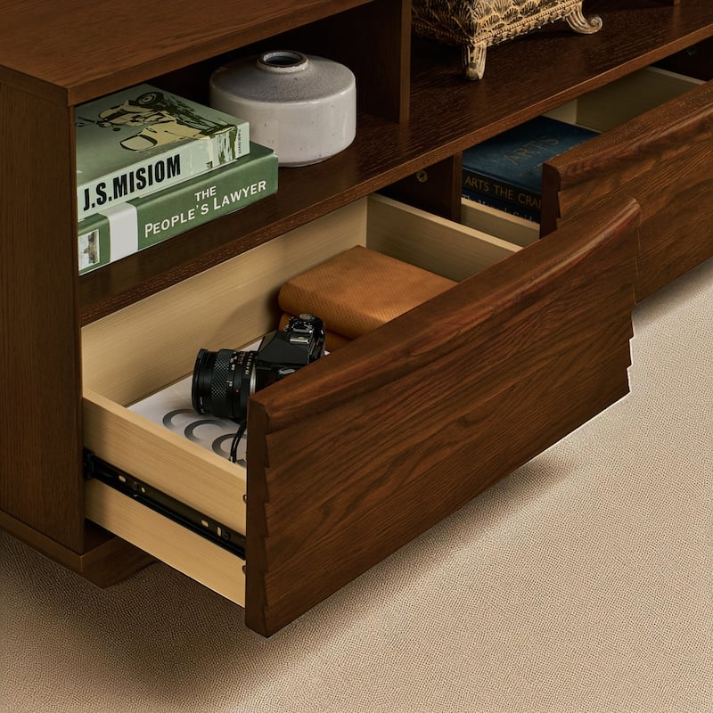 63" Mid-Century Modern TV Stand for TVs up to 75", Farmhouse Media Console with Louver Design, Drawers & Outlet Holes