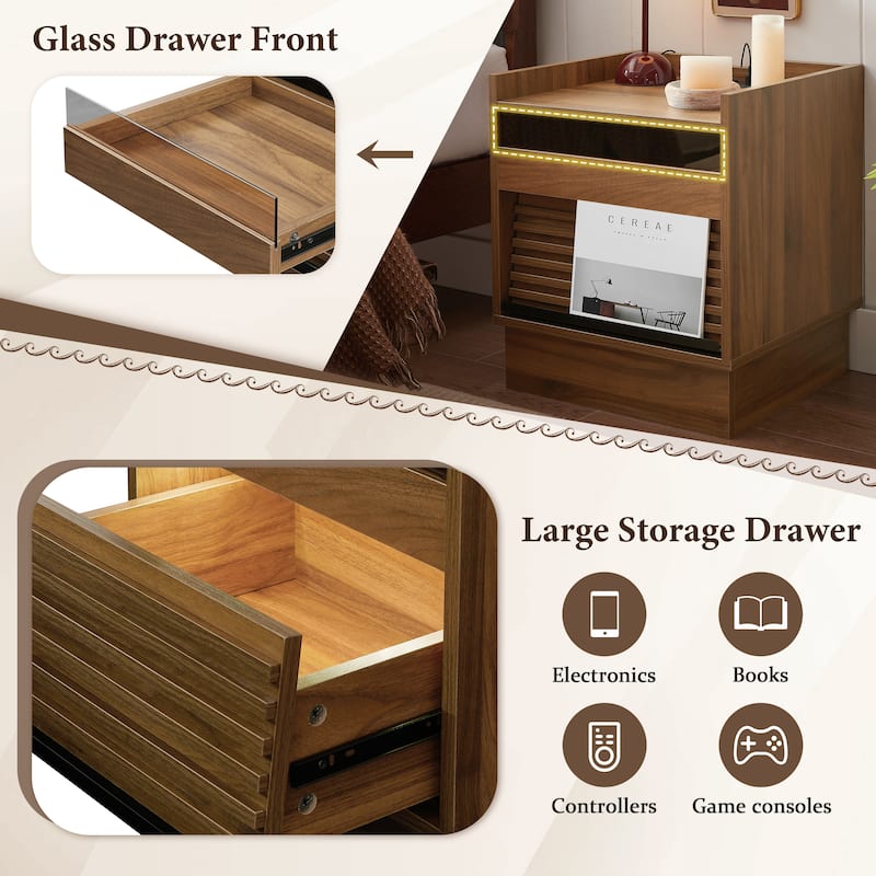 2 Drawers Nightstand with LED Lights, Bedside Tables End Table with Charging Station