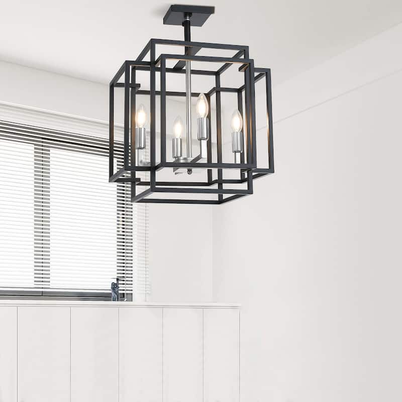 Industrial Black 4-Light Rectangle Iron Frame Semi Flush Mount Lamp