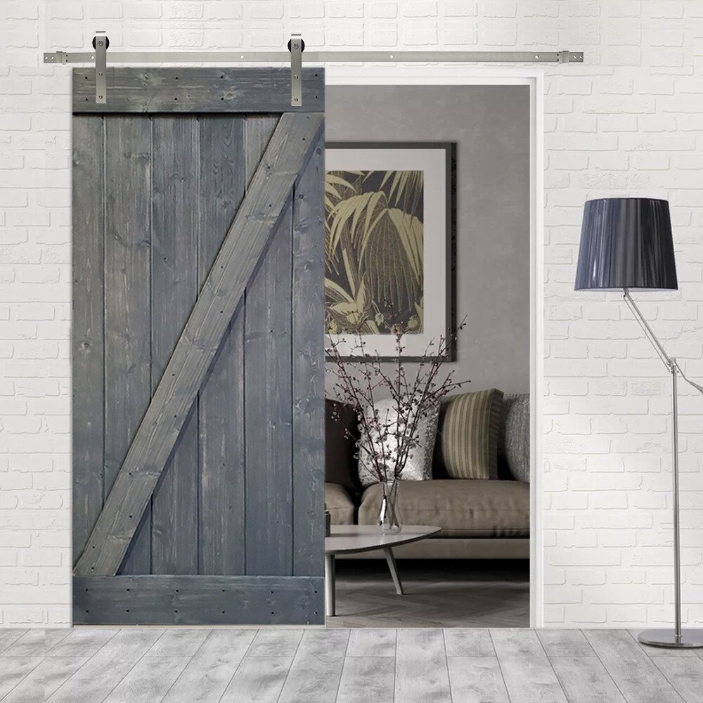 Shop 36 In X 84 In Gray Stained Z Bar Wood Barn Door With Sliding Hardware Overstock 31478682