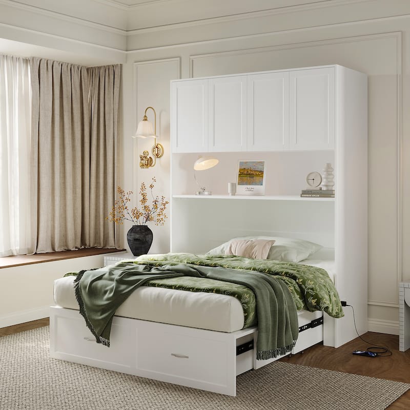 Full Size Storage Bed with Cabinet Convertible Pull Out Platform Bed with Power Outlets