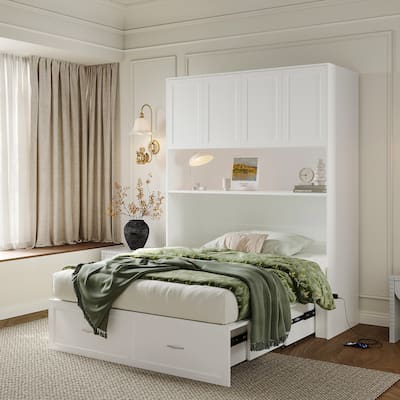 Full Size Storage Bed with Cabinet Convertible Pull Out Platform Bed with Power Outlets