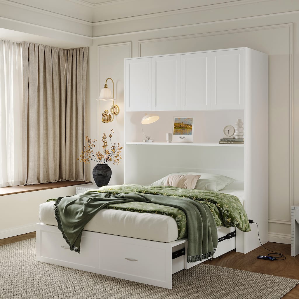 Full Size Storage Bed with Cabinet Convertible Pull Out Platform Bed with Power Outlets