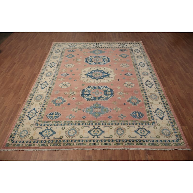 Hand Knotted Oriental 100% Wool Carpet Traditional Geometric Pink Kazak Area Rug - 11' 10'' X 9' 0''