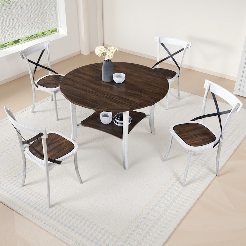 5-Piece Dining Set wtih Chairs, Round Table with Storage Shelf