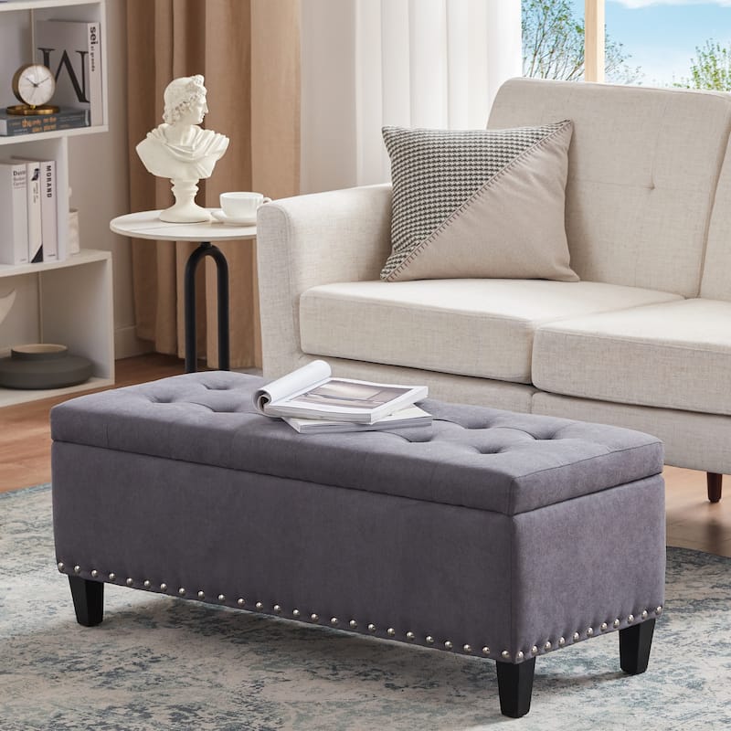 Button-Tufted Storage Ottoman Bench for Bedroom, Living Room 41"W x 16"D x 16"H - Grey