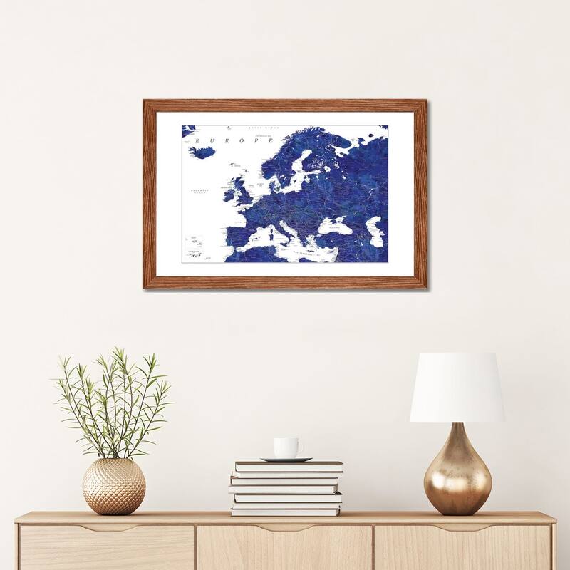 iCanvas "Detailed Europe Map In Navy Blue" by blursbyai