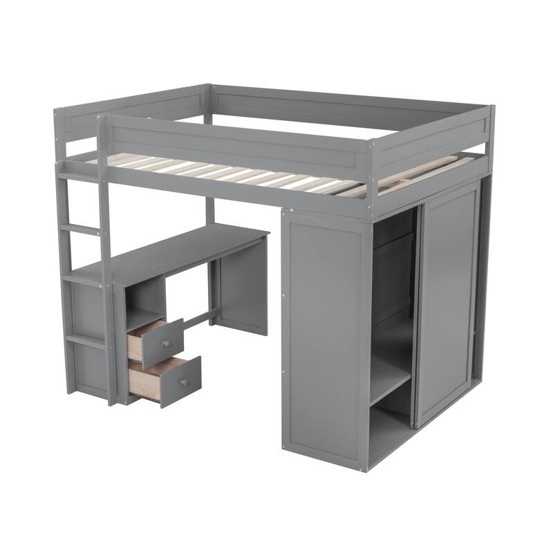 Full Size Loft Bed with Wardrobe, Desk, and Storage, Space-Saving Design