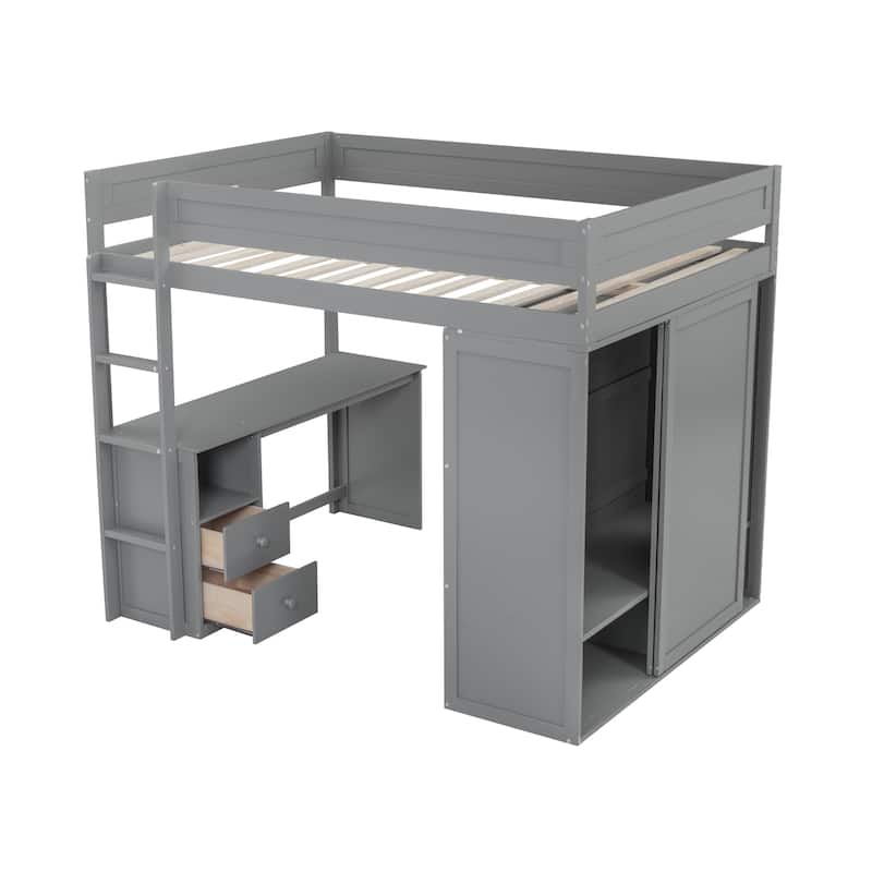 Pine Loft Bed with Wardrobes and Desk