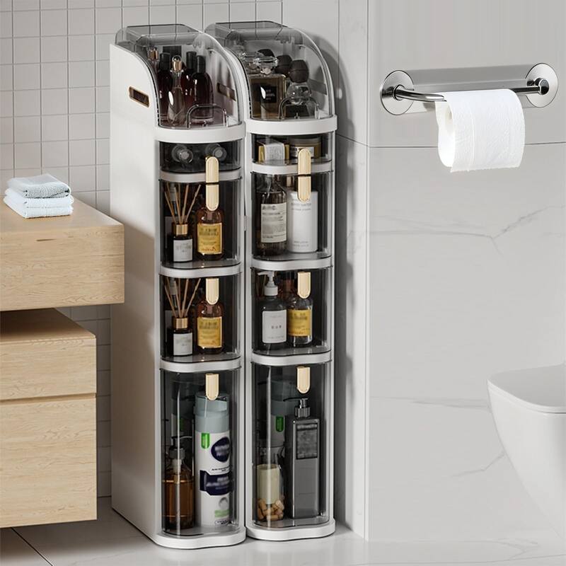 Slim Bathroom Storage Cabinet with Drawers & Tissue Box, Plastic Narrow Rolling Bathroom Tower Cart No Installation