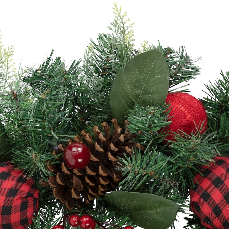 Green Pine Artificial Christmas Wreath with Bows and Plaid Ornaments 24-Inch Unlit - 24"