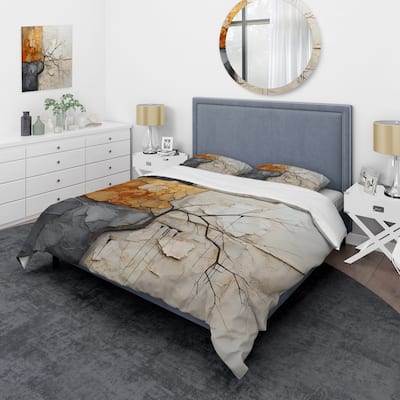 Designart "Grey Yellow Abstract Fractal Abstraction" Grey Modern - Bedding Cover Set With Shams