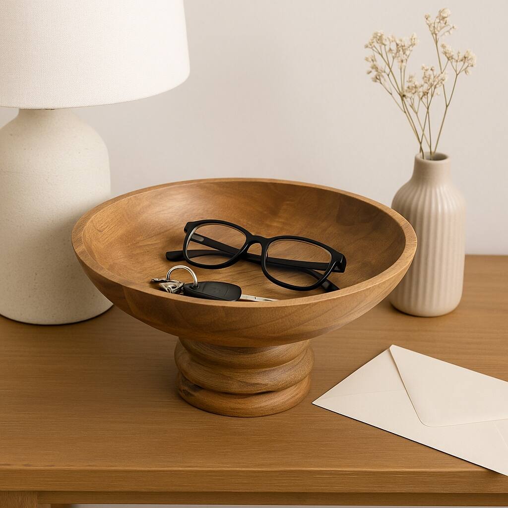 Mango Wood Ribbed Base Round Decorative Bowl - Brown, 12 in. - 11.75"