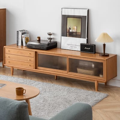 Modern TV Stand with Glass Doors and Drawers