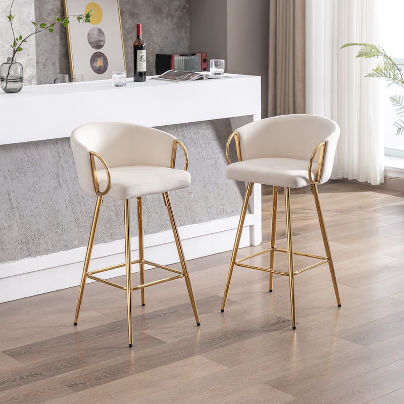 Set of 2 30" Bar Stools, Cream Velvet with Chrome Footrest & Gold Legs