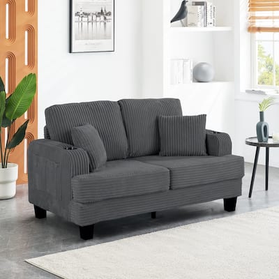 61" Contemporary Corduroy Loveseat Sofa with 2 Pillows and Cup Holder