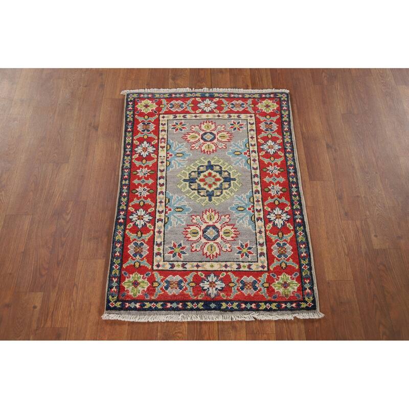 Hand Knotted Oriental 100% Wool Carpet Traditional Geometric Greys & Charcoal Kazak Area Rug - 2' 9'' X 2' 1''