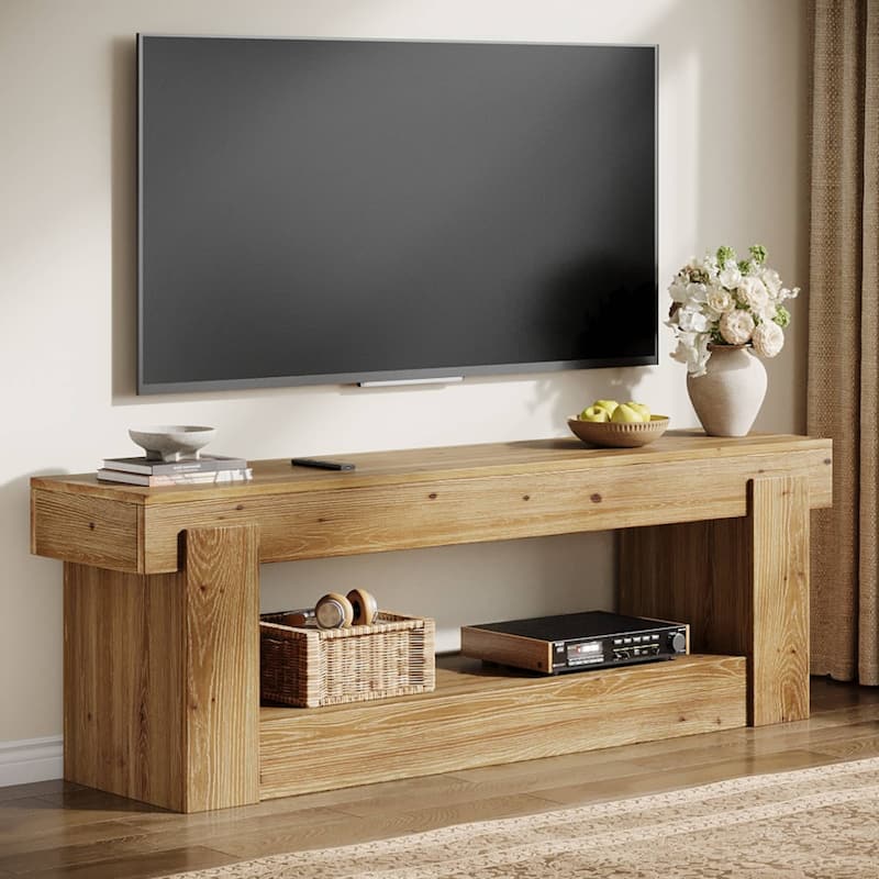 63 Inch Solid Wood TV Stand for TVs Up to 75 inches, Farmhouse Entertainment Center with Storage for Living Room / Bedroom - Rustic Brown