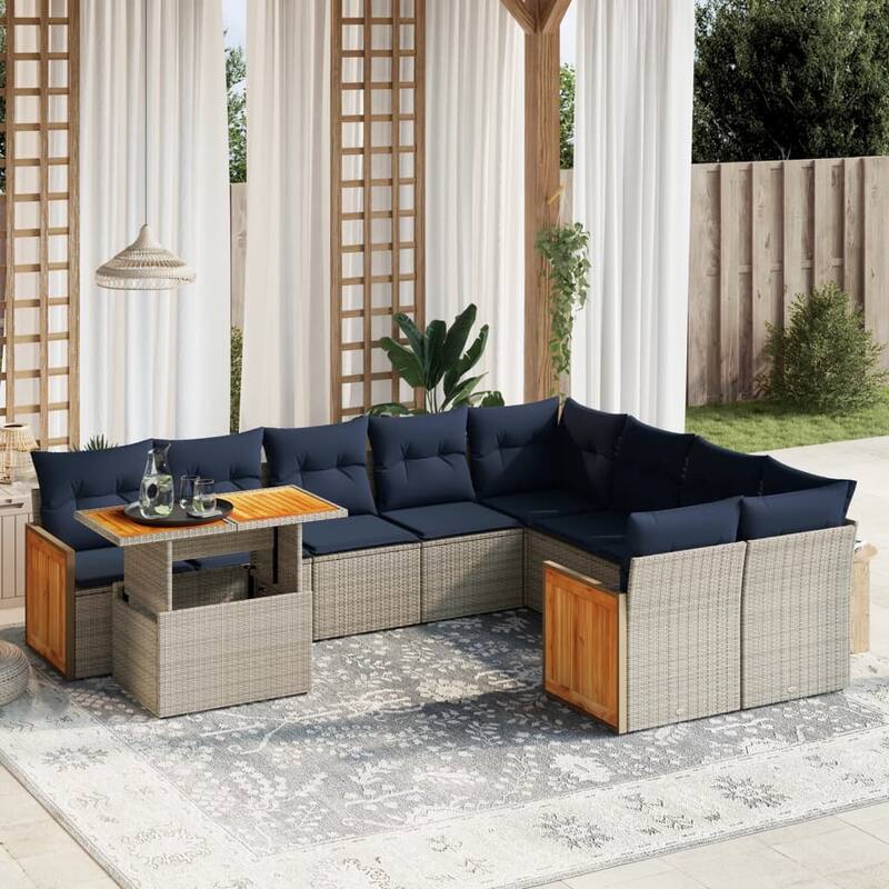 vidaXL 10 Piece Patio Sofa Set with Cushions Black/Gray Poly Rattan - 21.7 x 24.4 x 27.2 - Gray