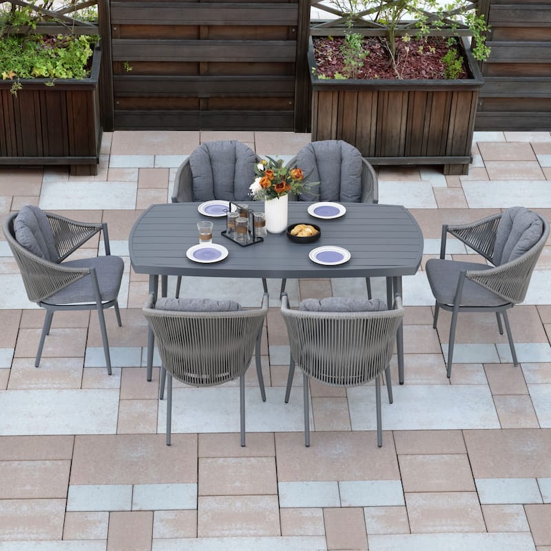 Patio 7-Piece Dining Set with Cushions and Pillows, Umbrella Hole, Beige