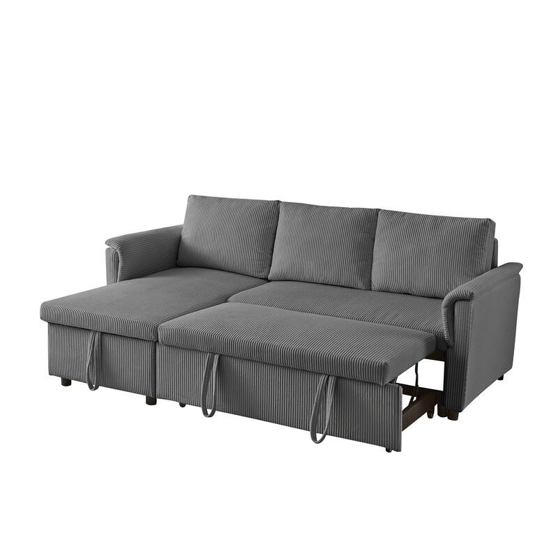 Corduroy L-Shape Sofa Convertible Sofa with Pull Out Sleep Bed