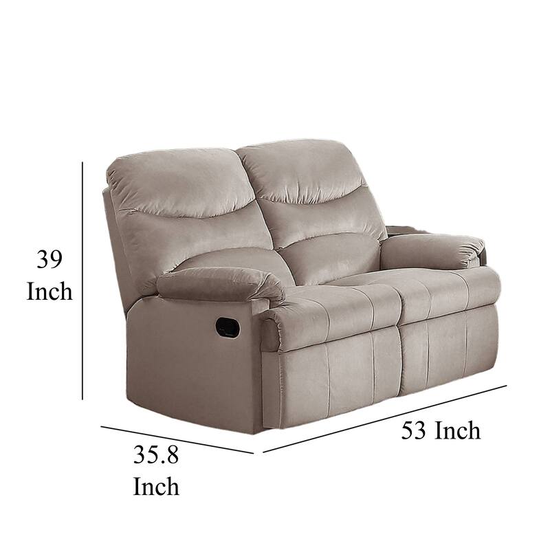 Karry Manual Recliner Loveseat, Light Brown Velvet, 53 Inch Solid Wood