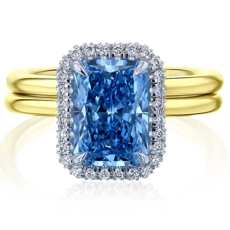 Kobelli 3.40 Carat Blue Diamond Certified 14k Solid Gold Radiant-cut Plain Comfort Bands Aomori 2pc Bridal Set (Excellent) - Yellow - 7