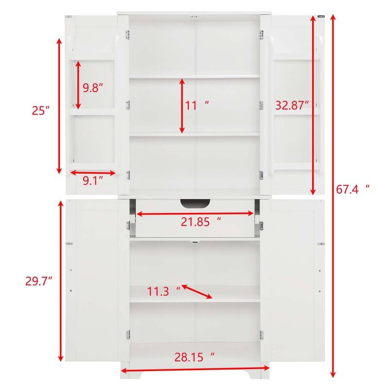 Freestanding White Kitchen Pantry Cabinet - 28.15" W x 15" D x 67.4"H