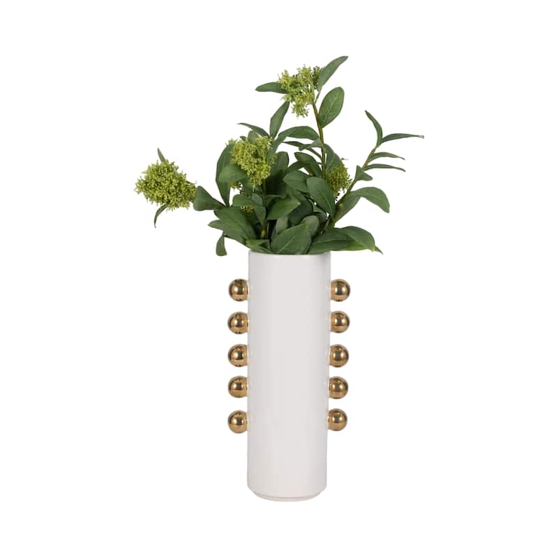 Sagebrook Home White/Gold Ceramic Cylinder Vase With Side Knobs