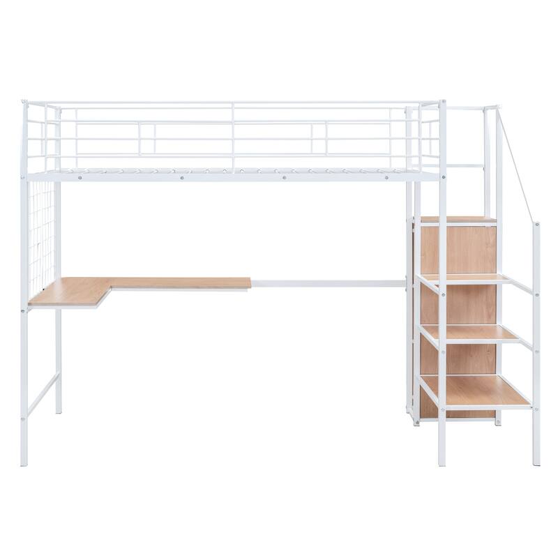 Metal Twin Loft Bed with Desk & Metal Grid, Space Saving Loft Bed with