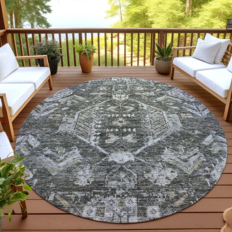 Machine Washable Indoor/ Outdoor Boho Traditional Chantille Rug - Pewter - 8' x 8'