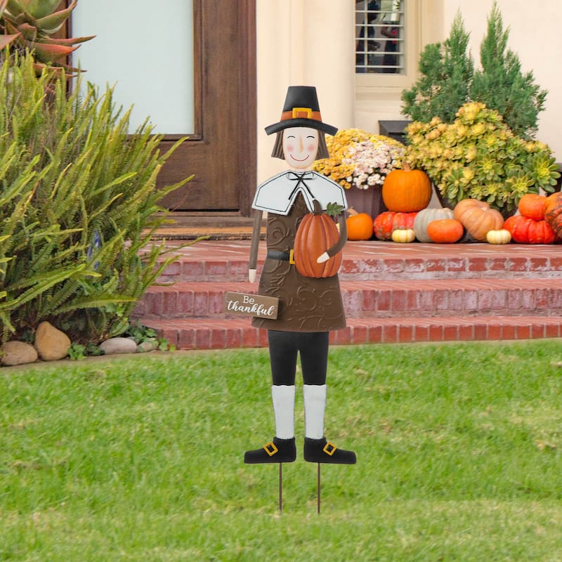 Glitzhome 36"H Fall Thanksgiving Metal Pilgrim Yard Stake Standing Hanging Decor (3 Functions)