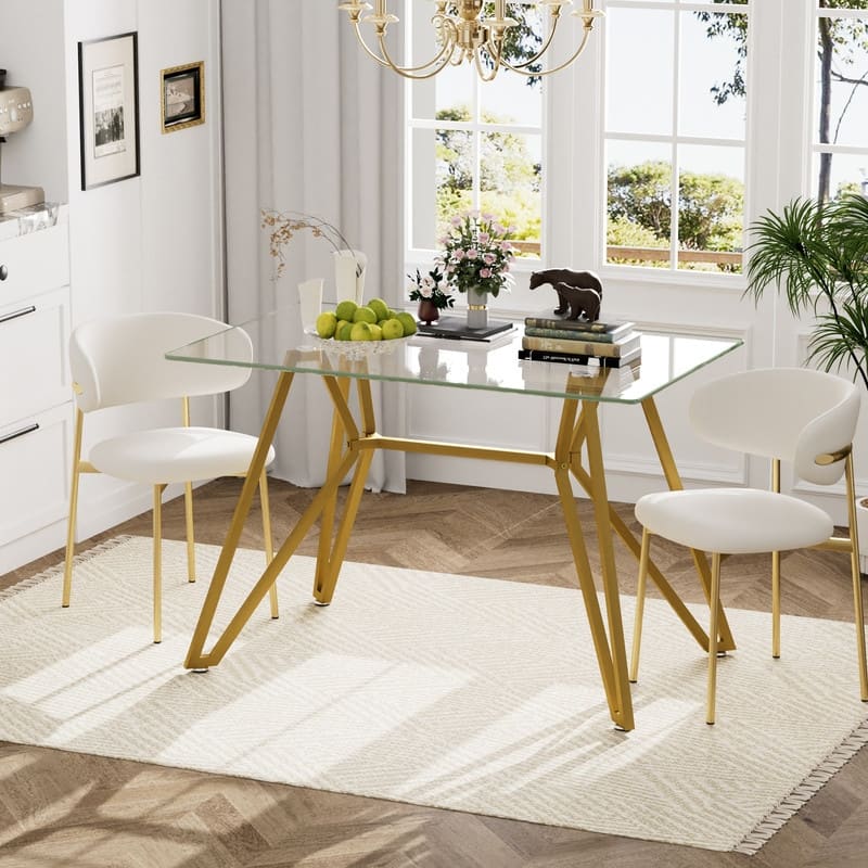Gold Modern Tempered Glass Dining Table with Metal Legs for Kitchen, Living Room