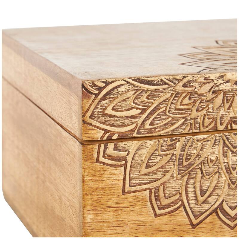 Brown Mango Wood Handmade Storage Scroll Box with Gold Accents (Set of 3)