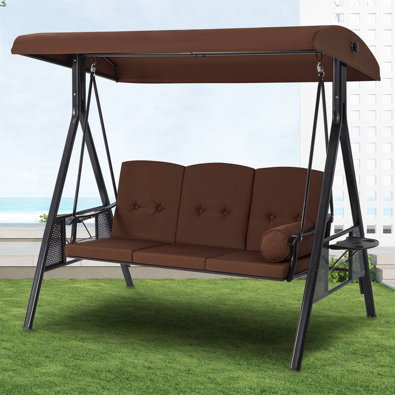 AECOJOY 3-Seat Porch Swing Chair, Patio Swing Chair w/ Cushions