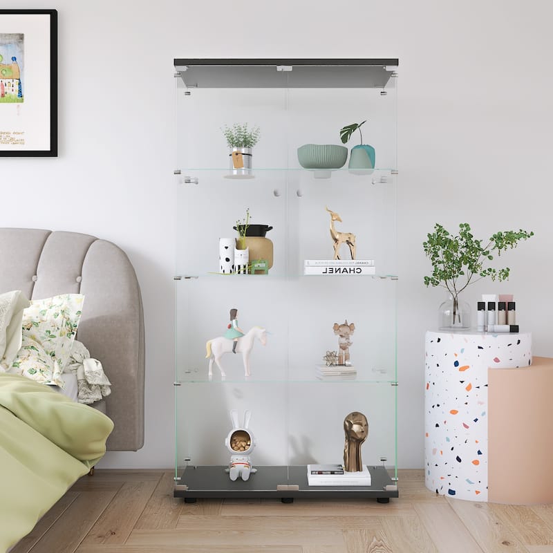 Two-door Glass Display Cabinet 4 Shelves with Door, Floor Standing Curio Bookshelf