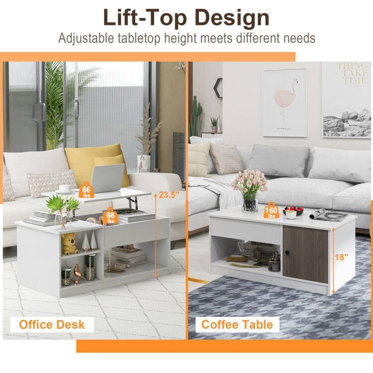 Multifunctional Coffee Table with Lift Top and Storage Shelves - 40" x 20" x 18"-23.5"(L x W x H)
