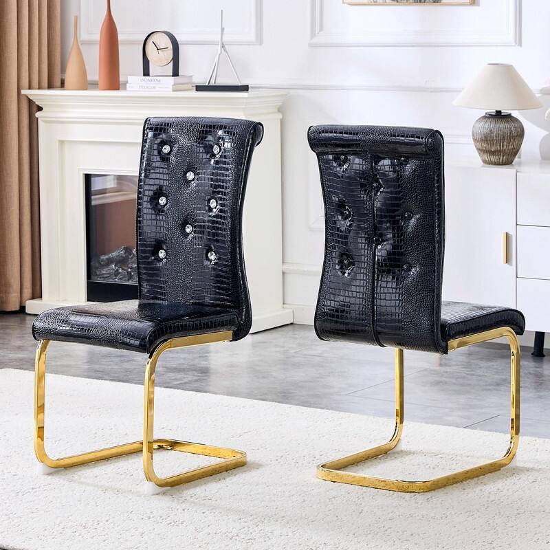 Set of 2 Retro Alligator Skin Upholstered Dining Chairs with Crystal Buckle Design & Faux Leather - Gold+Black